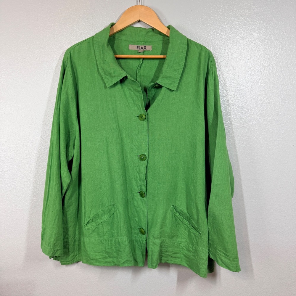 FLAX Shirt Jacket Women Large Green Linen Button Up Collared Lagenlook Pockets
